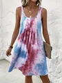 Detail view of pink and blue tie-dye sleeveless fashion dress featuring pleated front - S / Dresses / Dark Red