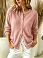 Detail of a pink long-sleeve knit cardigan with gold buttons and soft texture. - S / Tops / Pink