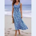 Elegant blue floral print sleeveless maxi dress for women beach vacation holiday style - S / Dresses / Blue