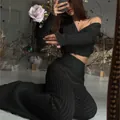 Elegant black ribbed knit two-piece set with cropped top and high-waist pants - S / Top And Bottom / Black