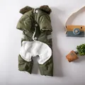 Detailed view of green fleece-lined dog winter coat with faux fur collar and quilted fabric. - XS / Green