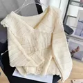 Sweet off-white knit cardigan with ruffled doll collar and hollow-out lace details - One Size / Tops / Off White