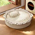 Round pet bed with ruffle trim and heart pattern, including matching mini pillow - S (40x33x11cm) / Cotton Filling (With Blanket) / Beige