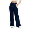 Detail view of women's high-waisted lightweight wide-leg trousers in solid navy blue - Navy Blue