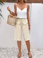 Women's casual beige Bermuda shorts featuring drawstring waist and front button pockets - S / Bottoms / Apricot