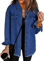 Detail of women's washed denim jacket with trendy distressed raw hem and button pockets - S / Tops / Dark Blue
