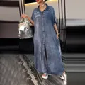 Women's casual denim maxi dress with letter print and button-down lapel design. - Letter A / Dresses / Light Blue