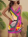 Close-up of a vibrant digital print V-neck wrap dress for a summer holiday look - S / Dresses / Rose Red