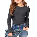 Detailed view of children's dark grey ribbed long sleeve stretch T-shirt with crew neck - S / Tops / Dark Gray