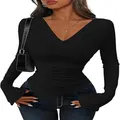 Sexy slim-fit black long-sleeved top featuring an asymmetric V-neckline for women. - S / Tops / Black
