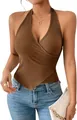 Detail view of the ribbed texture and cross-wrap hem of this brown halter top. - S / Tops / Coffee