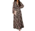 Elegant long-sleeved floral maxi dress with V-neck and flowing skirt for women - Brown