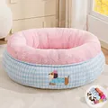 Cama redonda y acogedora de felpa para mascotas con interior rosa y exterior de cuadros azul - S-Diámetro 37CM / Dona Rosa Azul con Manta / Cuadros Rosas y Azules