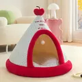 Enclosed cat tent bed with red plush trim and blue checkered pattern - S: 38*38cm / Warm Apple Tent / Blue Red Plaid