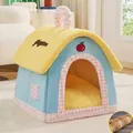 Semi-enclosed plush dog house in blue and yellow with extra cooling mat included - Cherry Cream Villa / Size S (With Cooling Mat)