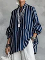 Detail of navy blue and white vertical striped loose long sleeve shirt for women - S / Tops / Navy Blue