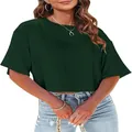 Casual σκούρο πράσινο γυναικείο crop top μπλουζάκι με στρογγυλή λαιμόκοψη και μανίκια. - Σκούρο Πράσινο