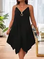 Detail view of black V-neck dress featuring unique zipper closure and gold chain straps. - 1XL / Dresses / Black
