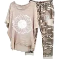 Women's casual two-piece set featuring sunflower print top and camouflage pants - 3XL / Top And Bottom / Apricot Sunflower Print (134105-6)