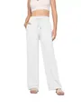 High waisted white linen wide leg pants for women with functional drawstring waist - White