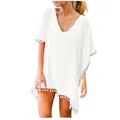 Close-up view of a white chiffon beach cover-up featuring bohemian tassel pom-poms for summer - S / Tops / White
