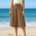 Detailed view of comfortable brown wide-leg beach culottes with an elastic drawstring waist - Brown