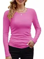 Close-up detail of women's vibrant pink slim fit ribbed long-sleeve crew neck T-shirt - 2XL / Tops / Hot Pink