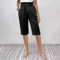 Fashionable women's black cotton linen shorts with high waist and button details - S / Bottoms / Black