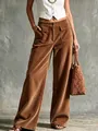Retro brown high-waist corduroy wide-leg pants with double flap pockets for women - Brown