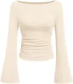 Detailweergave van crème geribbeld T-shirt met boothals, uitlopende mouwen en plooien. - S / Tops / Broken Wit