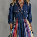 Vintage navy blue shirt dress featuring a colorful vertical striped pleated skirt - S / Dresses / Dark Blue