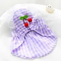 Breathable thin purple plaid pet summer dress with cherry embroidery for small dogs - XS / Purple Plaid