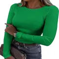 Vue détaillée du t-shirt à manches longues côtelé vert vif pour femmes coupe ajustée - S / Hauts / Vert