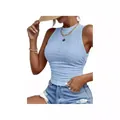 Débardeur court sexy sans manches en maille jacquard bleu clair à col montant pour femmes - S / Haut (Gilet) / Bleu ciel