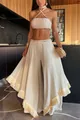 Elegant cream high-waisted wide-leg pants featuring a unique long fringe trim at hem - S / Bottoms / Apricot
