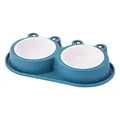 Cute blue frog-shaped pet double bowl with non-slip base for cats and dogs feeding - With Plastic White Bowl / S / Dark Blue