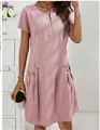 Summer short-sleeved cotton linen dress with zipper neckline and pocket details in pink. - Pink