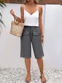 Loose dark grey women's casual Bermuda shorts with drawstring and button pockets - S / Bottoms / Dark Gray