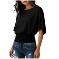 Elegant black short-sleeved top featuring a stylish smocked waist and a classic round neck. - S / Top (25155#) / Black