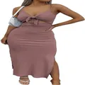 Sleeveless mauve rib-knit bodycon maxi dress with tie-front cut-out and side slit hem - S / Dresses / Dusty Pink