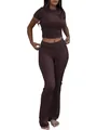 Two-piece women's workout set with round neck t-shirt and low-rise flared pants in brown - XS / Top And Bottom / Dark Red