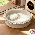 Cozy winter pet bed with ruffles and small pillow in beige for cats and small dogs - S (40x33x11cm) / Sponge Filled (With Blanket) / Beige