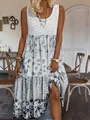 Elegant bohemian floral print sleeveless maxi dress for women featuring a round neckline - S / Dresses / Light Gray