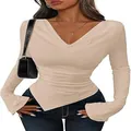 Elegant apricot slim fit asymmetric hem cowl neck long sleeve top for women fashion - S / Tops / Apricot