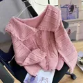 Sweet pink knitted cardigan with ruffled lace Peter Pan collar and hollow-out detailing - One Size / Tops / Dusky Pink