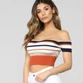 Detailed view of striped off-shoulder cropped top showing knit texture - S / Tops / Rainbow Striped