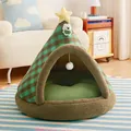 Cozy Christmas tree shaped checkered enclosed cat tent with a very soft cushion - S: 38*38cm (For small dogs or cats within one month) / Christmas Bear [Detachable Pad] / Green Brown Plaid