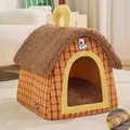 Semi-enclosed plush dog house bed with checkered walls and matching cooling mat - Warm Coffee Check Villa / Size S (With Cooling Mat)