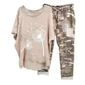 Stylish women's casual 2-piece set featuring dandelion print tee and camouflage patch pants - 3XL / Top And Bottom / Apricot White Dandelion Style (134105-7)