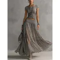 Elegant grey knitted top and flowy pleated chiffon maxi skirt two-piece fashion set - XS / Top And Bottom / Gray